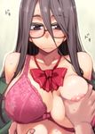  bad_id bad_pixiv_id bare_shoulders black_eyes black_hair blush bow bow_bra bra bra_pull breast_grab breasts glasses grabbing large_breasts lingerie long_hair original pink_bra puyo solo_focus sweat underwear upper_body 