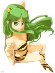  animal_print bikini boots ceal-sakura-ai eyeshadow green_eyes green_hair highres horns long_hair lum makeup smile solo swimsuit tiger_print urusei_yatsura 