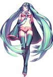  absurdres boots green_eyes green_hair hatsune_miku highres long_hair navel necktie quuni simple_background sleeves_past_wrists solo thigh_boots thigh_gap thighhighs twintails very_long_hair vocaloid white_background 