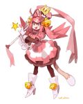  1girl animal_ears bells boots cat_ears fang gloves green_eyes high_heel_boots high_heels mad_mew_mew magical_girl pink_hair staff undertale white_boots white_gloves 