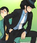  arsene_lupin_iii bad_id bad_pixiv_id beard black_eyes black_hair facial_hair formal green_jacket hat jacket jigen_daisuke lupin_iii male_focus multiple_boys necktie suit toujou_sakana yellow_neckwear 