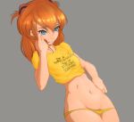  1girl blue_eyes carebu clothes_writing english_text female grey_background groin highres navel neon_genesis_evangelion no_pants orange_hair panties panty_pull profanity simple_background solo soryu_asuka_langley underwear yellow_panties 