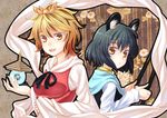  animal_ears bishamonten's_pagoda capelet dowsing_rod grey_hair hair_ornament mouse_ears multicolored_hair multiple_girls nazrin ogino_(oginogino) ribbon short_hair toramaru_shou touhou two-tone_hair upper_body yellow_eyes 