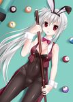  8-ball :p animal_ears ball between_breasts billiards bow bowtie breasts bunny_ears bunnysuit cleavage cue_ball cue_stick dracu-riot! elena_olegovna_owen fake_animal_ears highres md5_mismatch medium_breasts pantyhose pool_table red_eyes silver_hair solo stick tongue tongue_out tsukino_neru wrist_cuffs 
