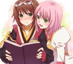  :d blush book brown_hair estellise_sidos_heurassein goggles goggles_on_head green_eyes holding holding_book multiple_girls open_book open_mouth pink_hair rita_mordio smile tales_of_(series) tales_of_vesperia yukiiti 