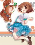  &gt;_&lt; ;d bad_id bad_pixiv_id belt blush brown_eyes brown_hair chibi closed_eyes hagiwara_yukiho idolmaster idolmaster_(classic) multiple_girls one_eye_closed open_mouth orange_hair short_hair skirt smile takatsuki_yayoi twintails usoneko 