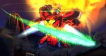  cb-01_ace explosion fangs glowing glowing_eyes highres horn house keepvalley mecha night no_humans number power_lines solo star_(sky) super_sentai sword tokumei_sentai_go-busters weapon 