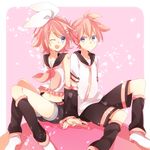  1girl back-to-back bad_id bad_pixiv_id blonde_hair blue_eyes brother_and_sister hair_ornament hair_ribbon hairclip holding_hands kagamine_len kagamine_rin one_eye_closed ribbon sakura_len sakura_rin short_hair siblings sitting smile tooru_(jux) vocaloid 