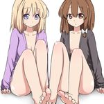  bare_legs barefoot blonde_hair bottomless breasts brown_eyes brown_hair cardigan cleavage feet hair_ribbon maribel_hearn multiple_girls naked_cardigan no_bra no_pants o3o open_cardigan open_clothes purple_eyes ribbon short_hair sitting small_breasts toes tori_(minamopa) touhou usami_renko 