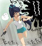  a1 black_hair blue_eyes bow fang ganaha_hibiki gears_of_war hammer_of_dawn idolmaster idolmaster_(classic) long_hair looking_back open_mouth ponytail running solo sweat weapon 