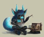  blue_hair blue_nose crossed_legs cyborg eating female fluffy_tail food hair horn hybrid kitara_cydonis looking_at_viewer noodles ramen silverfox5213 sitting tea 