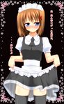  alternate_costume apron blue_eyes blush brown_hair bug butterfly dress dress_lift enmaided flower hair_ornament highres insect lask lyrical_nanoha mahou_shoujo_lyrical_nanoha_strikers maid maid_headdress solo thighhighs translation_request yagami_hayate 