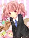  blush copyright_name eating food formal highres inu_x_boku_ss leaf mouth_hold necktie pink_eyes pink_hair pocky polka_dot roromiya_karuta suit tanuki tsukishiro_nanase twintails watanuki_banri 