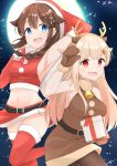  alternate_costume animal_costume animal_ears belt blonde_hair blue_eyes blush boots braid breasts brown_hair brown_legwear christmas deer_ears dress elbow_gloves fake_horns fur_trim gloves gradient_hair hair_flaps hair_ornament hair_over_shoulder hairclip hat highres kantai_collection long_hair looking_at_viewer medium_breasts messy_hair moon multicolored_hair night night_sky open_mouth pantyhose red_eyes red_gloves red_legwear sakikumo_(sakumo) santa_boots santa_costume santa_gloves santa_hat shigure_(kantai_collection) sky smile straight_hair thighhighs yuudachi_(kantai_collection) 