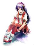  :t asamiya_athena brown_legwear earrings hair_ornament hairband jewelry kuroda_(kuro_yyy) long_hair pantyhose pout purple_hair red_hairband sitting solo star star_hair_ornament the_king_of_fighters the_king_of_fighters_'97 