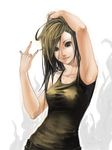  \m/ adjusting_hair armpits black_eyes brown_hair copyright_request face hand_on_own_head jajako lips long_hair smile solo 