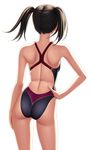  ass back bare_shoulders black_hair competition_swimsuit contrapposto facing_away from_behind hand_on_hip highres kuri_(kurigohan) light one-piece_swimsuit original short_hair simple_background solo standing swimsuit thighs twintails white_background 