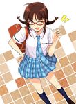  ;d akizuki_ritsuko bag black_legwear braid brown_eyes brown_hair glasses hand_on_hip idolmaster idolmaster_(classic) kneehighs necktie one_eye_closed open_mouth plaid plaid_skirt pointing rough_time_school school_bag school_uniform skirt smile solo tsurui twin_braids 