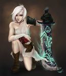  armor bonni_lee boots gauntlets kneeling league_of_legends red_eyes riven_(league_of_legends) shoulder_pads solo sword weapon white_hair 