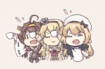  3girls :&gt; ahoge astcd2 beige_background blonde_hair blue_sailor_collar braid brown_hair commentary_request crown cup detached_sleeves double_bun dress eyes_closed flower french_braid gloves hairband hat headgear jervis_(kantai_collection) kantai_collection kongou_(kantai_collection) long_hair long_sleeves mini_crown multiple_girls off-shoulder_dress off_shoulder open_mouth red_flower red_ribbon red_rose ribbon ribbon-trimmed_sleeves ribbon_trim rose sailor_collar sailor_dress sailor_hat simple_background smile teacup teapot upper_body warspite_(kantai_collection) white_dress white_gloves white_hat |_| 