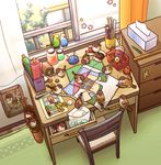  bird brooch chair curtains drawer eijima_moko eurasian_tree_sparrow fabric floor from_above jar jewelry needle no_humans original parakeet pencil picture_(object) scissors sewing_kit snack sparrow stationery table tape_measure thread tissue tissue_box tree window 