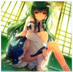  album_cover an2a bare_shoulders cover cropped detached_sleeves flower frog green_hair hair_ornament heart heart-shaped_pupils highres kochiya_sanae long_hair petals scan sitting solo symbol-shaped_pupils tabi touhou 