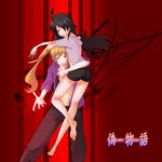  araragi_koyomi black_eyes black_hair blonde_hair fangs genderswap highres long_hair monogatari_(series) multiple_girls murasaki_neko navel nisemonogatari no_bra oshino_shinobu pants side_ponytail teenage yellow_eyes 