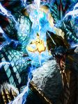  crossover dragon electricity fangs fur gen_1_pokemon horns lagiacrus mane monster monster_hunter monster_hunter_3 monster_hunter_portable_3rd no_humans open_mouth pikachu pokemon pokemon_(creature) red_eyes smile tail white_hair zinogre 