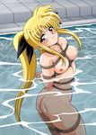  arms_behind_back ass bdsm bikini blonde_hair bondage bound bound_legs box_tie breast_bondage breasts fate_testarossa highres looking_at_viewer lyrical_nanoha mahou_shoujo_lyrical_nanoha nipples nude pool red_eyes rope shibari solo thirty_saver_street water 