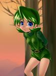  arms_behind_back belt blue_eyes green_hair green_hairband hairband highres leaning_forward pointy_ears saria short_hair shorts solo the_legend_of_zelda the_legend_of_zelda:_ocarina_of_time 