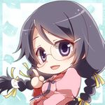  bakemonogatari black_eyes black_hair braid chibi glasses hair_ornament hanekawa_tsubasa juliet_sleeves long_hair long_sleeves looking_at_viewer lowres monogatari_(series) nekomonogatari open_mouth puffy_sleeves school_uniform shima_riu smile solo twin_braids 