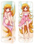  bandaid bare_shoulders barefoot bed_sheet blush_stickers character_name dakimakura feet legs long_hair lying monogatari_(series) multiple_views nisemonogatari no_panties off_shoulder on_back oshino_shinobu pointy_ears red_eyes very_long_hair yakubeni 