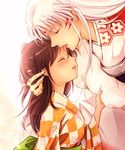  1girl age_difference brown_hair child closed_eyes clothes_grab facial_mark fur hair_grab highres inuyasha japanese_clothes kimono kin'iro_nyanko pointy_ears rin_(inuyasha) sesshoumaru tongue touching white_background white_hair yukata 