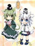  2girls animal_ears blush candy cat_ears cat_tail dog_ears dog_tail dress fang food ghost_tail green_dress green_eyes green_hair hands_in_opposite_sleeves hat highres japanese_clothes kemonomimi_mode lollipop mononobe_no_futo multiple_girls multiple_tails open_mouth ponytail quanhun short_hair silver_hair smile soga_no_tojiko symbol-shaped_pupils tail tate_eboshi touhou 