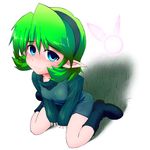  bare_legs blue_eyes blue_footwear boots fairy from_above green_hair hairband long_sleeves looking_up pointy_ears saria short_hair sitting sleeves_past_wrists smile solo the_legend_of_zelda the_legend_of_zelda:_ocarina_of_time v_arms 