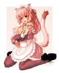  animal_ears apron bare_shoulders breasts cat_ears cat_tail clothes_down detached_collar highres large_breasts long_hair maid maid_headdress mimosa211 nail_polish nipples open_mouth original pink_eyes pink_hair ponytail shirt_pull simple_background sitting smile solo tail thighhighs wariza 