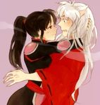  1girl animal_ears bad_id bad_pixiv_id claws dog_ears hug inuyasha inuyasha_(character) japanese_clothes long_hair mi-kiku pink_background ponytail profile sango simple_background surprised 