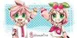  1girl alternate_hair_color cherry cherry_blossoms detached_sleeves food fruit grin hand_up kagamine_len kagamine_rin pink_hair sakura_len sakura_rin smile ui_(rot) vocaloid 