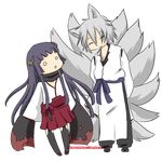  1girl animal_ears black_hair black_legwear closed_eyes flower hair_flower hair_ornament horns inu_x_boku_ss long_hair miketsukami_soushi multiple_tails o_o open_mouth sandals self_upload shirakiin_ririchiyo silver_hair smile tail thighhighs wagoflabo 