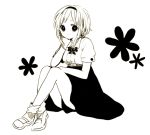  1girl anzu_(o6v6o) belt bow bowtie chin_rest collared_shirt crossed_ankles elbow_on_knee floral_background gumi hairband knees_up looking_at_viewer monochrome shirt shoes short_hair_with_long_locks short_sleeves simple_background sitting skirt socks solo vocaloid white_background 