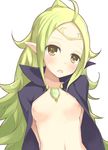  ahoge arms_behind_back blonde_hair blush breasts brown_eyes cape elf fire_emblem fire_emblem:_kakusei kuro_(be_ok) long_hair looking_at_viewer mamkute navel nipples nono_(fire_emblem) open_clothes open_mouth open_shirt pointy_ears shirt simple_background small_breasts solo tiara upper_body white_background 
