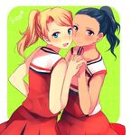  blonde_hair blue_eyes blush brittany_s_pierce cheek-to-cheek cheerleader copyright_name flat_chest glee green_background hachiko_(hati12) holding_hands interlocked_fingers looking_at_viewer multiple_girls open_mouth ponytail santana_lopez simple_background smile 