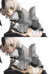  :o animal_ears ass black_legwear bow bunny_ears bunny_tail dark_skin elbow_gloves from_behind gloves grey_hair highres kosumo large_bow leaning_forward looking_back original panties short_hair simple_background sitting tail thighhighs underwear variations wariza white_background white_panties yellow_eyes 