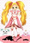  blonde_hair blush boots bow creature dress full_body futari_wa_precure futari_wa_precure_max_heart green_eyes hair_bow haru_(nature_life) heart heart_background knee_boots kujou_hikari leg_warmers long_hair lulun magical_girl porun precure shiny_luminous smile twintails white_background 