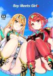  2girls armor bangs blonde_hair breasts cleavage cleavage_cutout covered_navel doujinshi earrings fingerless_gloves gem gloves headpiece highres hikari_(xenoblade_2) homura_(xenoblade_2) jewelry koumo large_breasts multiple_girls nintendo nipple_slip nipples red_eyes red_hair red_shorts short_hair shorts shoulder_armor swept_bangs thigh_strap tiara xenoblade_(series) xenoblade_2 yellow_eyes 