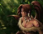  bare_shoulders breasts brittany_fuerst brown_eyes brown_hair cleavage dark_skin earrings facepaint forehead_jewel fur jewelry league_of_legends md5_mismatch medium_breasts necklace nidalee ponytail solo tribal watermark 