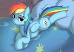 bed cutie_mark equine female feral friendship_is_magic hair horse looking_at_viewer mammal multi-colored_hair my_little_pony pegasus pillow pony purple_eyes rainbow_dash_(mlp) rainbow_hair seductive skipsy smile solo wings 