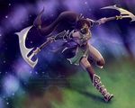  akali boots bracer breasts brittany_fuerst brown_eyes brown_hair detached_sleeves dual_wielding hair_ribbon headband high_ponytail highres holding kama_(weapon) league_of_legends long_hair mask medium_breasts ponytail ribbon sickle sideboob thighhighs very_long_hair weapon 
