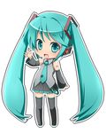  aqua_eyes aqua_hair chibi hatsune_miku headset kosumo long_hair open_mouth outline simple_background smile solo standing twintails very_long_hair vocaloid waving white_background 
