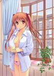  :o absurdres blush bow bow_panties breasts brown_hair cameltoe coffee collarbone copyright_request cup curtains dress_shirt hair_ribbon hamashima_shigeo highres holding long_hair looking_at_viewer medium_breasts mug navel no_bra open_clothes open_mouth open_shirt panties red_eyes ribbon shirt snow snowing solo steam striped striped_panties twintails underwear watering_can 